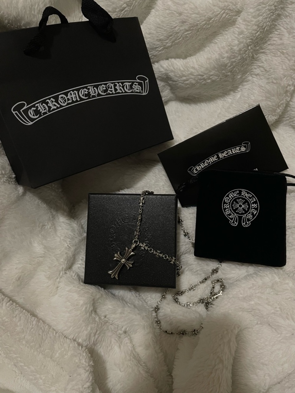 Chrome Hearts Silver Fleur Cross Pendant Necklace - Black Accents